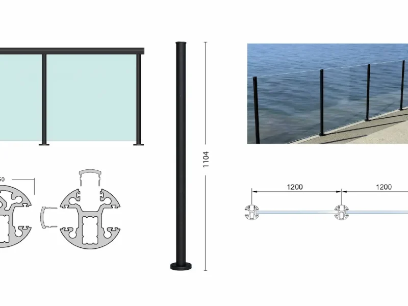 Glasräcke golvmonterade runda aluminiumstolpar