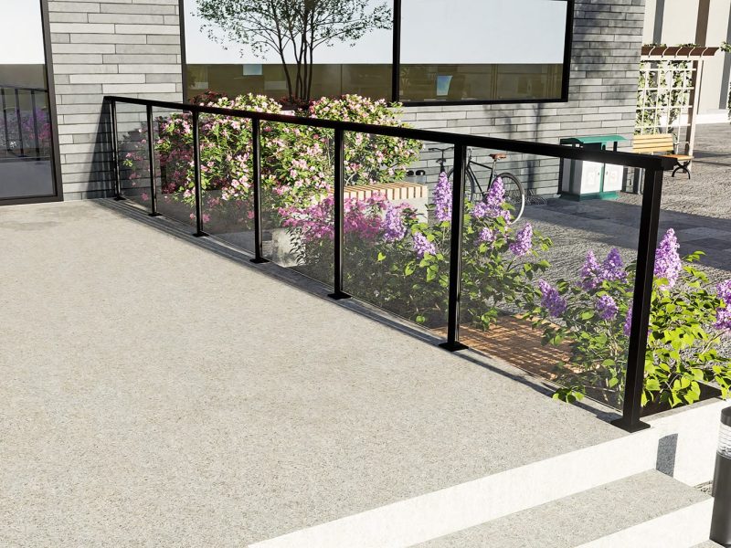 Glasräcke golvmonterade svarta fyrkantiga stolpar i aluminium