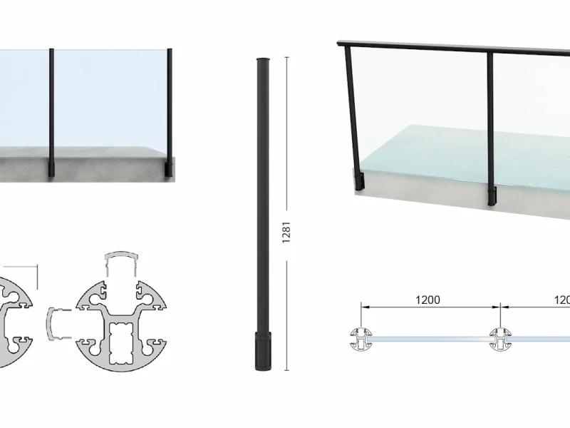 Glasräcke sidomonterade runda aluminiumstolpar