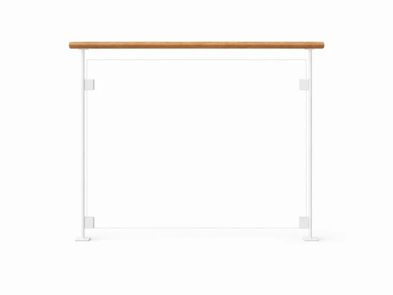 Glasräcke med golvmonterade stolpar i 40x10 profil pulverlackerade i vitt